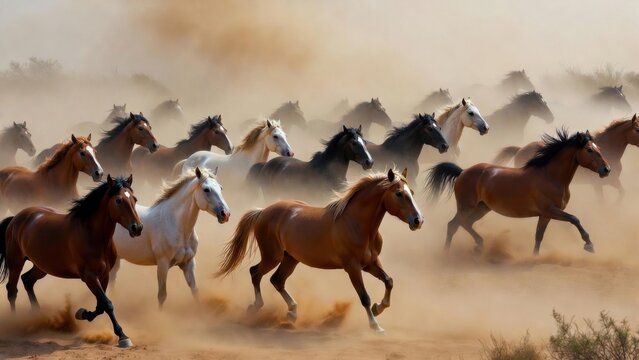 Herd of running horses kicking up dust on open plain
