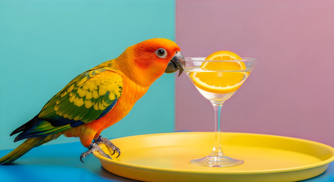 A vibrant sun conure parrot curiously investigates a refreshing citrus cocktail in a stemmed glass perched near a yellow plate