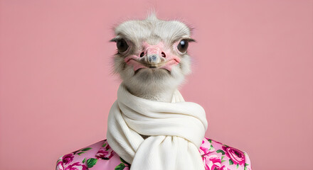 Naklejka premium A charming portrait of an alpaca adorned with a floral dress and a delicate white scarf set against a soft pink backdrop