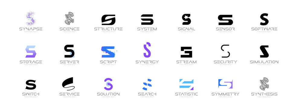 S Logo Letter Set AI Software System Identity Style, Digital Techno Innovation Startup Company Branding. Science Security Service Corporate Branding Monogram Symbols. Sign Collection. Vector Logotype