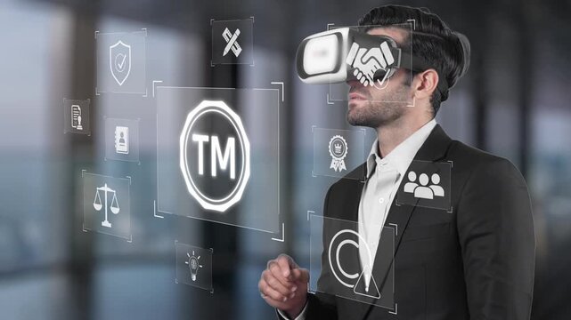 A businessman engages with a virtual reality headset, exploring immersive technology with a digital interface featuring various icons that symbolize innovation and branding. Raster
