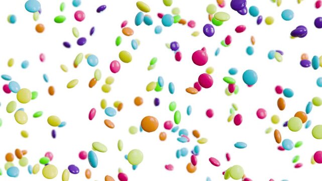Slow motion animation of colorful candy falling on white background. Seamless loop. Clean and bright playful visual.