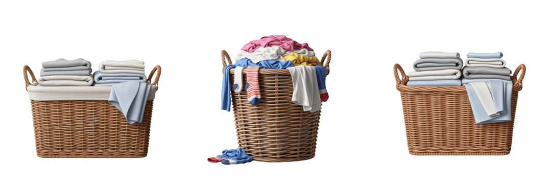 Set of Wicker Laundry Baskets with Folded and Dirty Clothes Isolated on Transparent Background PNG