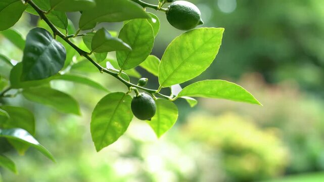 Closeup of unripe green citrus fruits growing on a leafy branch.