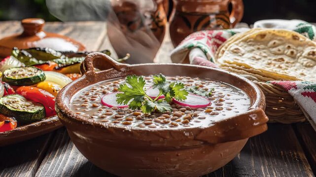 Delicious Mexican Pozole Rojo Soup with Tortillas and Vegetables.