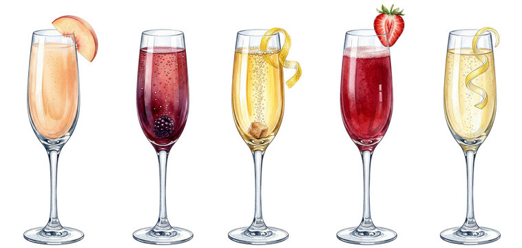 set of five watercolor champagne flute cocktail illustrations with fruit and berry garnishes on a transparent background