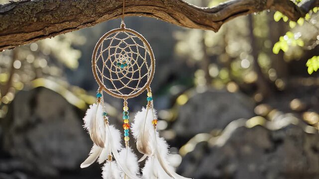 Dreamcatcher Hanging from Tree Branch in Nature.