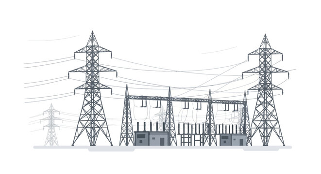 Detailed illustration of an electrical substation with high-voltage power lines and transmission towers against a white background, depicting energy infrastructure.