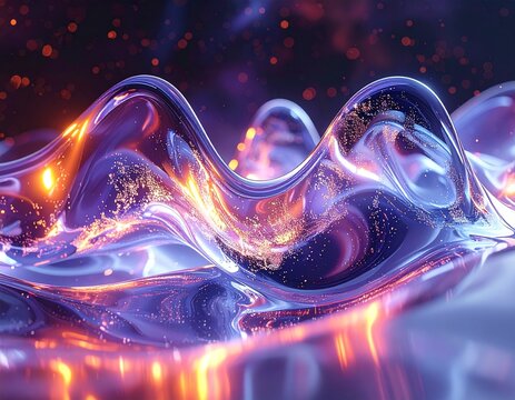 Glass wave ripples with vibrant purple and gold highlights, casting soft reflections on a smooth surface to embody the fluidity and dynamic energy of liquid light in a dark environment.