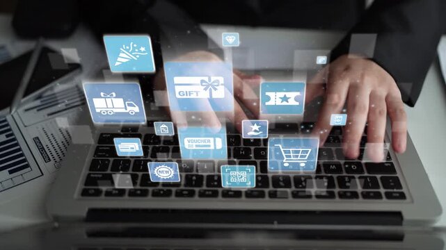 Digital gift card icons show e-commerce, payment, and digital gift card redemption. Digital gift card supports online shopping, secure payment, and customer loyalty programs. Funnel