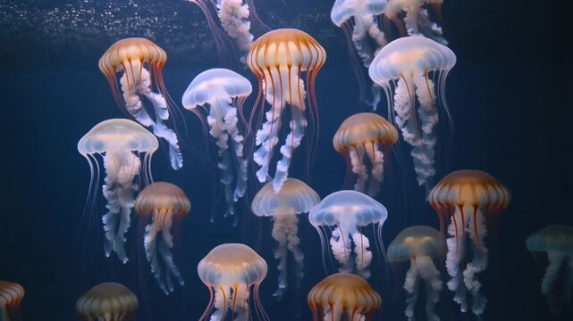 Realistic Jellyfish Drifting Upward in Neat Rows with Transparent Bodies and Smooth Cinematic Motion