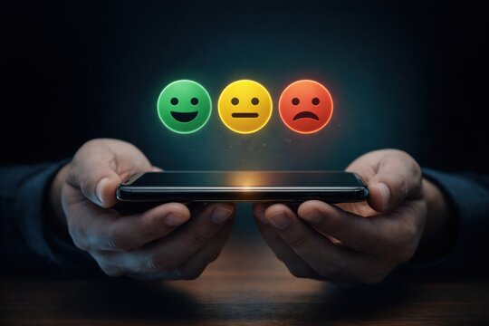 Customer Satisfaction Rating Concept with Smiley Feedback Icons Above Smartphone