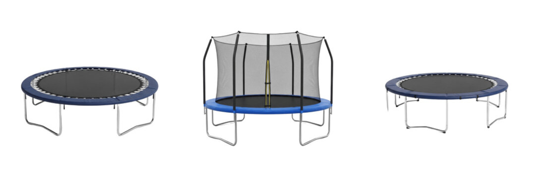 Set and collection of round trampolines for backyard fitness jumping and outdoor recreational exercise equipment isolated on white transparent png background
