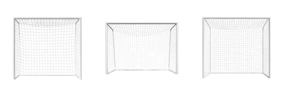 Set and collection of soccer goals and football nets for sports training field competition and outdoor match equipment isolated on white transparent png background
