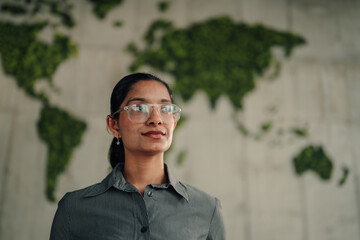 Fototapeta premium Woman with glasses looking away in front of a green moss world map, embracing global sustainability and future vision