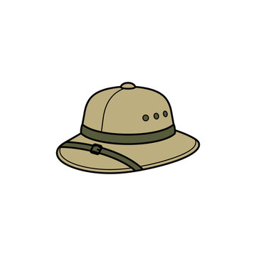 Khaki safari hat with chin strap.