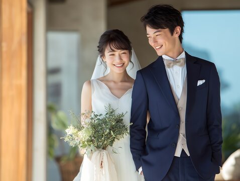 タキシード姿のビジネスマンの新郎とウェディングドレスを着た笑顔の新婦が寄り添う結婚式