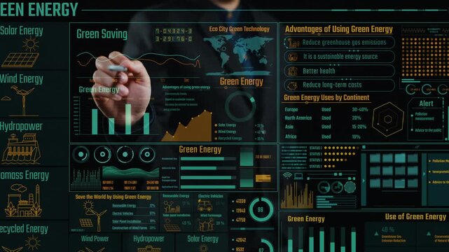 This infographic presents an extensive overview of green energy technologies, showcasing solar, wind, and hydropower systems, emphasizing their sustainability and environmental benefits. Cipher