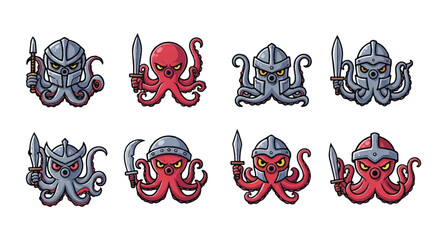 Cartoon octopus characters in various poses with weapons © HALEDS