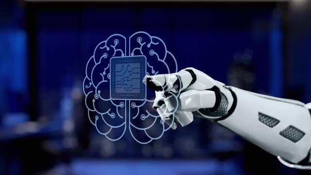 A futuristic robot hand interacts with digital artificial intelligence graphics, symbolizing innovation and technological advancement in modern settings. Synapse