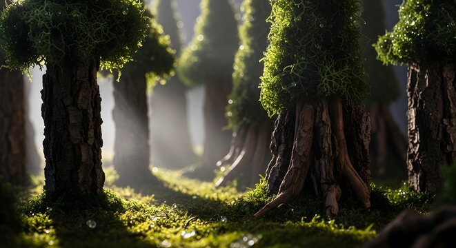Mystical forest scene with moss covered trees