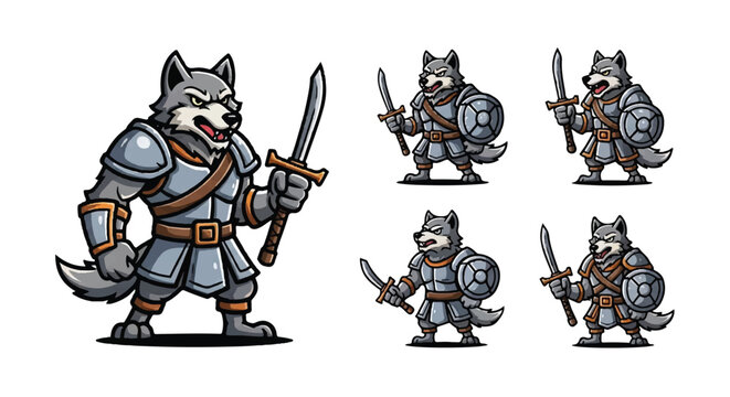 Cartoon wolf warrior character set with sword and shield