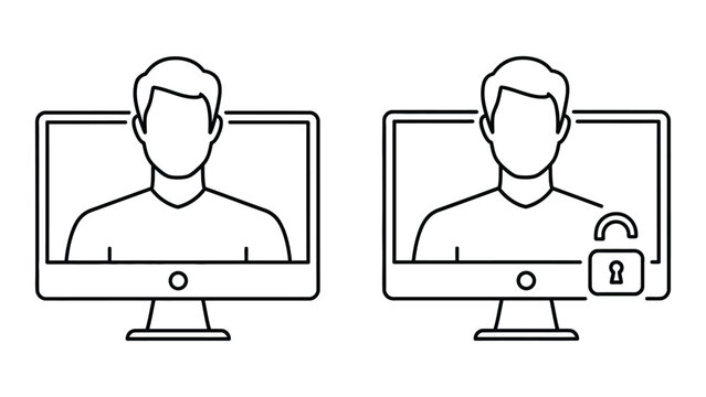 Two computer monitors displaying faces one with a lock icon indicating secure video call