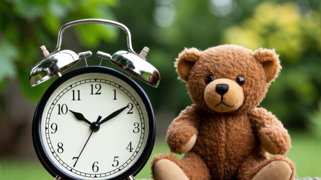 Alarm clock and toy bear on grass with blurred garden