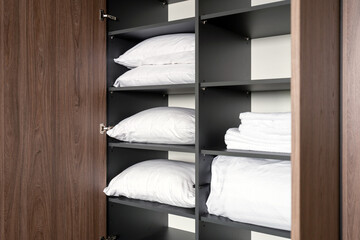 Modern storage cupboard in an apartment with organized shelves and soft items