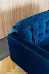 Blue velvet sofa armrest with tufted backrest in modern living room