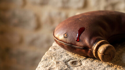 Fototapeta premium Macro leather wineskin with wooden stopper and wine droplet, warm side‑light