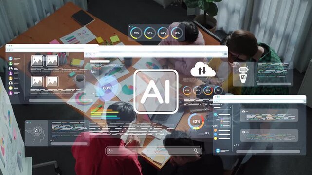 A group of professionals engages in a lively brainstorming session in a contemporary office, utilizing AI tools and digital interfaces to enhance teamwork and productivity. Raster