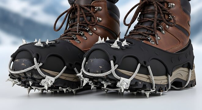 Durable hiking boots equipped with advanced ice cleats for optimal traction on slippery winter trails, crucial gear for safe outdoor adventures in snow and ice conditions