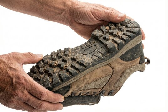 Hands holding and inspecting the muddy tread of a hiking boot