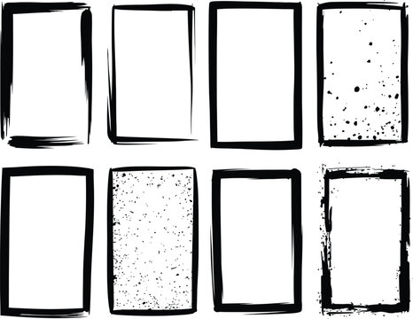 Grunge brush frame set collection, rough black ink border rectangles with distressed texture in vector for poster, label, banner design