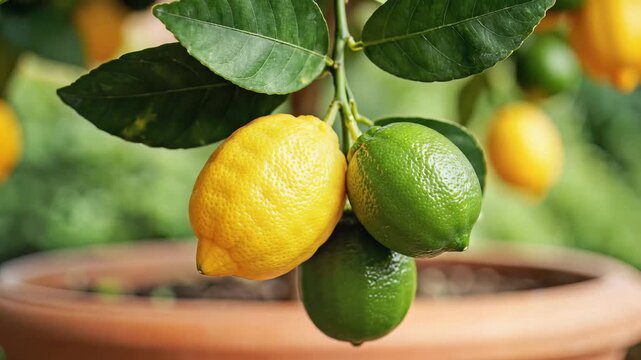 Closeup of a ripe yellow lemon and green limes growing on a tree branch.