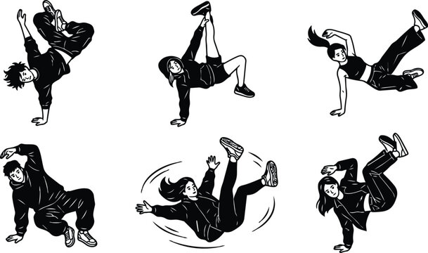 Black and white line art breakdancers performing handstand and spins in dynamic poses
