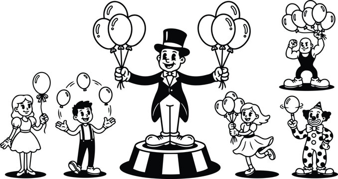 Black and white ringmaster holding balloons on pedestal with clown strongman and children
