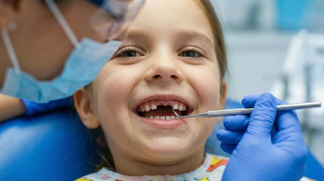 Little girl showing missing front baby teeth at dentist office. Pediatric dentistry, losing milk teeth, child dental development and oral health concept.
