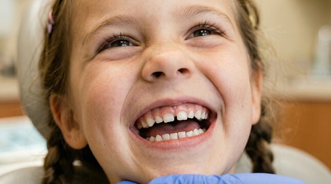 Close up of happy child laughing and showing gap in teeth at dental clinic. Pediatric dentistry, kids oral health, losing first baby teeth and dental hygiene.