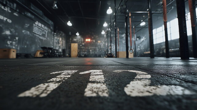 A gritty gym environment with chalk marks, worn equipment, and intense training atmosphere