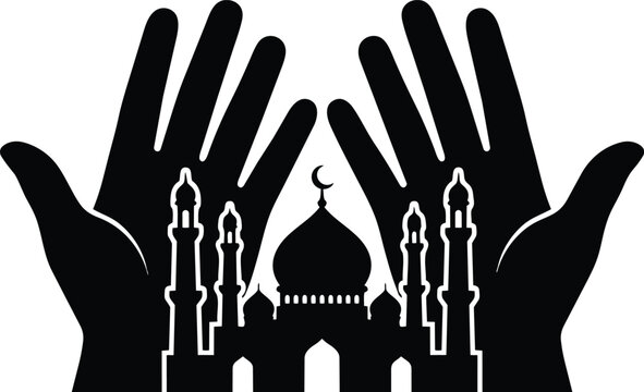 Praying hands and mosque silhouette with crescent vector art black and white