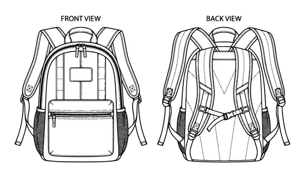 Basic backpack flat technical drawing template with front and back view vector isolated on white background