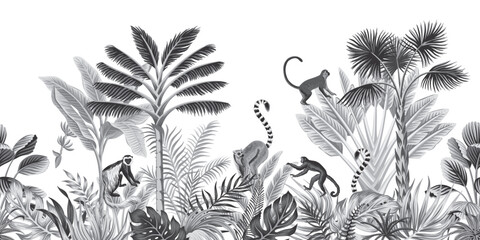 Monkey, lemur animal, tropical leaves, palms, plant seamless border. Exotic botanical jungle mural.  © good_mood