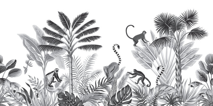 Monkey, lemur animal, tropical leaves, palms, plant seamless border. Exotic botanical jungle mural.	