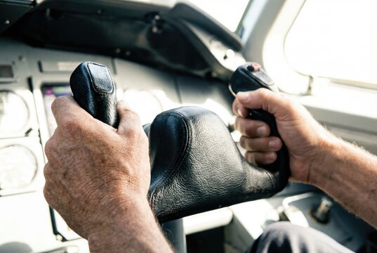 Hands of a pilot firmly holding the black control yoke of an airplane