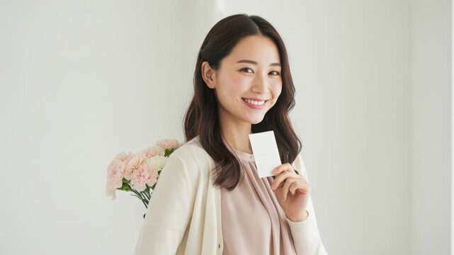 カーネーションを背中に隠しThank youのカードを持ち微笑む女性