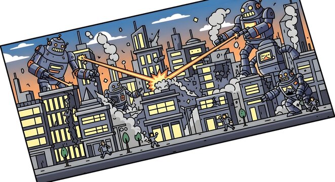 Massive robotic titans engage in an epic laser battle amidst a futuristic cityscape, creating chaos and destruction in this action-packed cartoon illustration of science fiction warfare