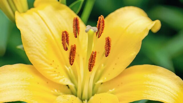 Closeup of a vibrant yellow lily flower in full bloom.