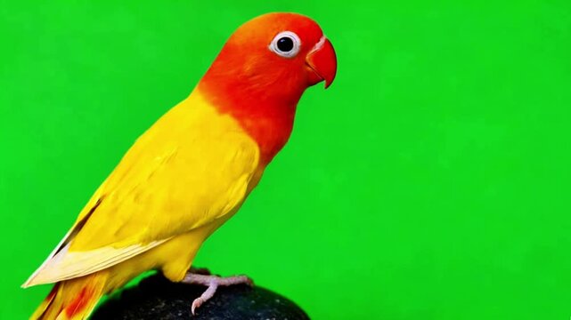 Yellow lovebird perched on the stone in green background